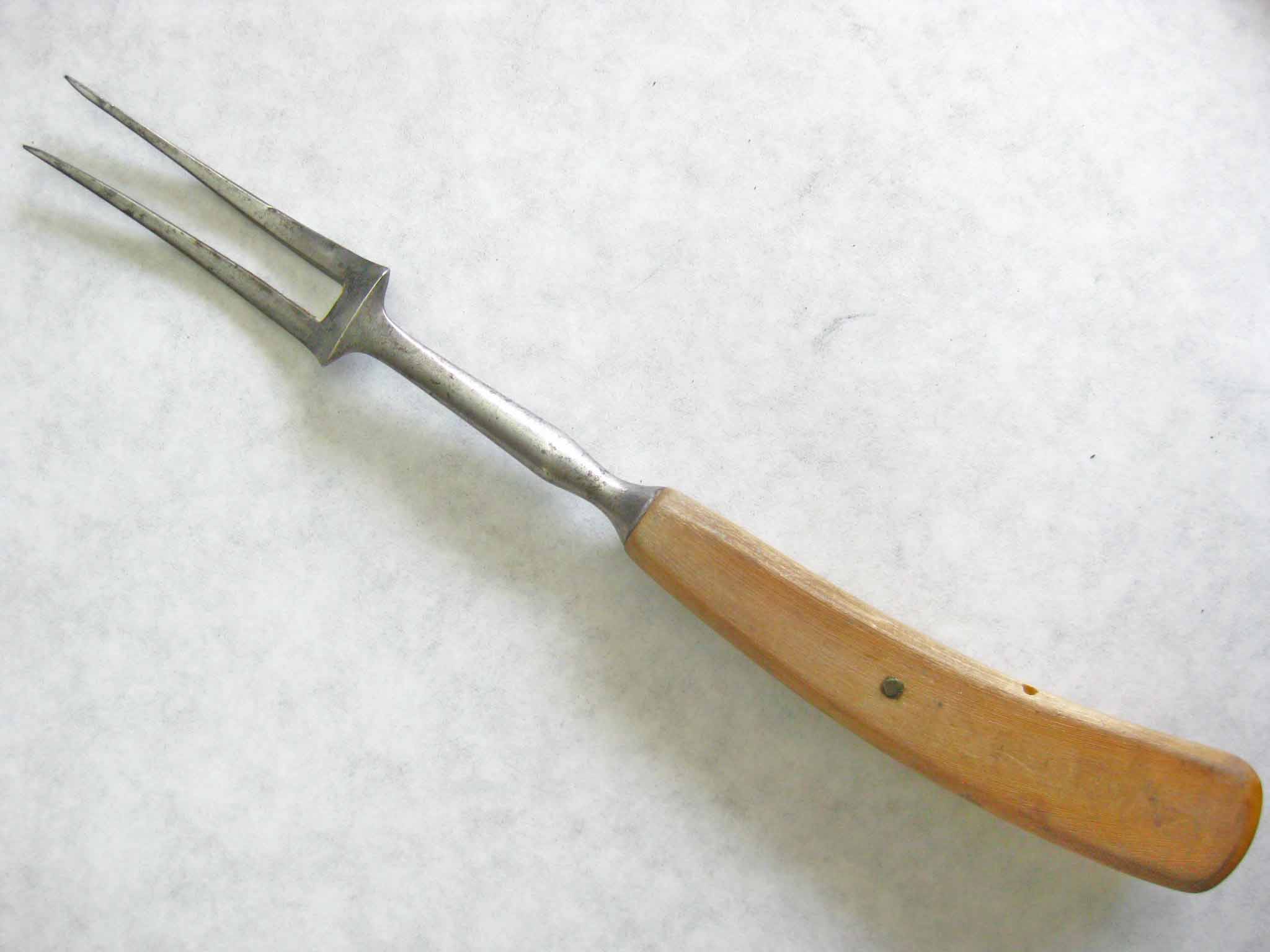 2 Antique 6 1/2" 2 Prong Pewter Forks with wood handles InstAppraisal